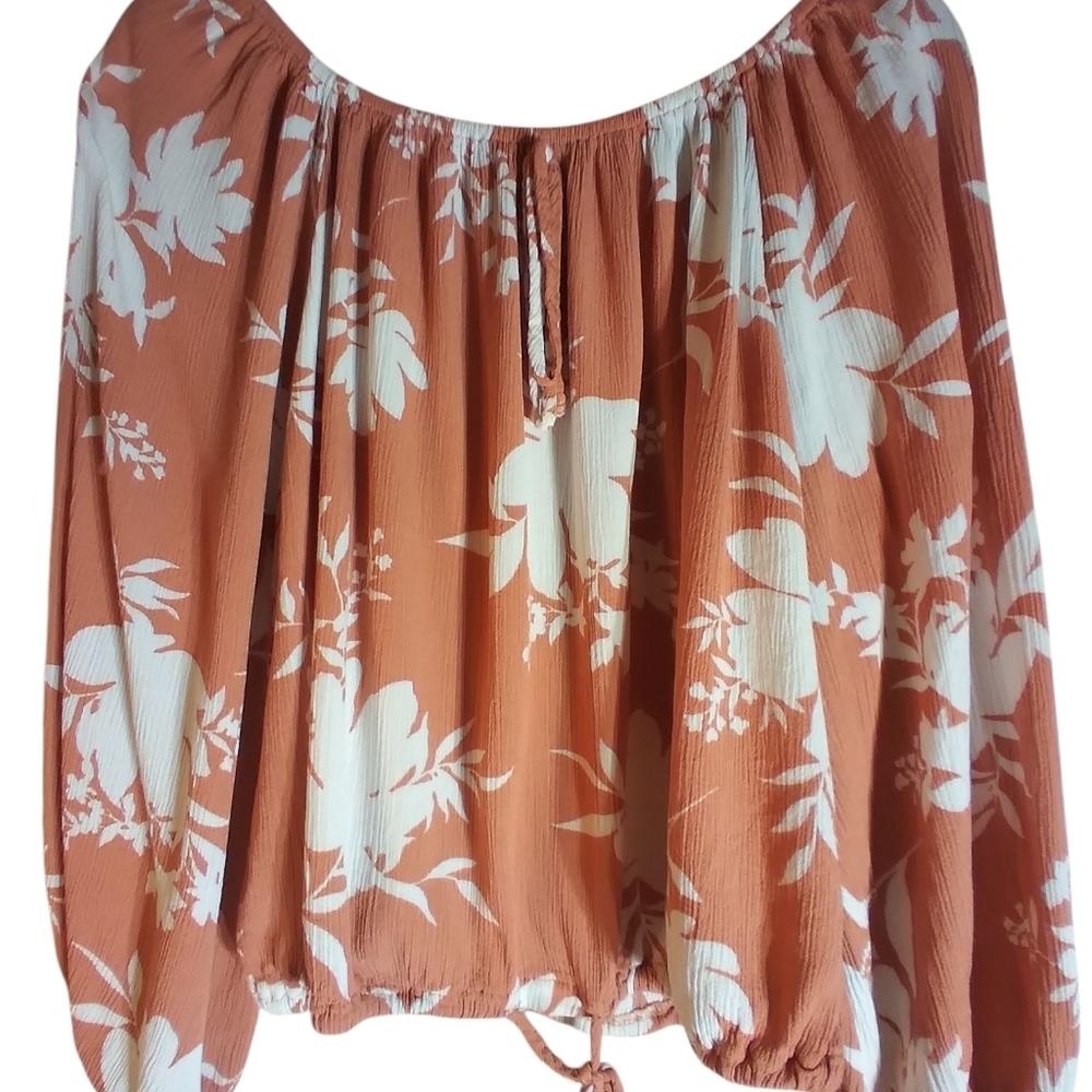 Ces Femme Floral Off-Shoulder Top in Orange and White Flowy Gauzy  Size M Beachy
